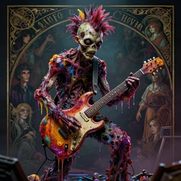 beautiful 3 5 mm photograph of a slimy rotting punk zombie playing guitar covered in colorful wet goop, dripping with colorful liquid, stephen bliss, unreal engine, greg rutkowski, loish, rhads, beeple, makoto shinkai and lois van baarle, ilya kuvshinov, rossdraws, tom bagshaw, alphonse mucha, global illumination, detailed and intricate intricate details, dark ambient, service cap, atmospheric, movie poster, poster, horror, elegant
