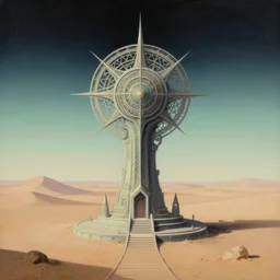 pagan cyberpunk occult scifi weird strange convoluted sacred geometry altar monument statue in the middle of the desert, abandoned, mysterious, paranoid atmosphere, minimalistic, painting by beksinski, dali, bosch, escher, carrington, barlowe, moebius, frazetta, a lot of subdued colors, dark rainbow, pastel colors, wide color palette