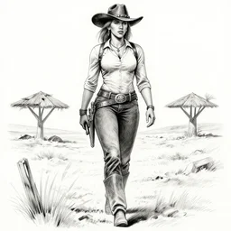 scarlett johansson as a gunslinger clint eastwood in afro samurai manga style, movie poster, pencil and ink, walking the wild west wastelands
