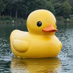 a giant yellow rubber duck swiming in a lake, trending on art station, dynamic lighting, stark contrasts, detailed and intricate environment
