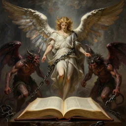 book of enoch, angels capture demons with huge chains and send them to hell, atmospheric lighting. highly detailed digital painting, sharp focus, by bouguereau, william - adolphe and liam brazier, trending on artstation