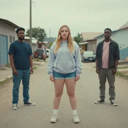 still from music video of emma roberts from die antwoord standing in a township street, wearing a hoodie, street clothes, full figure portrait painting by martine johanna, ilya kuvshinov, craig mullins, pastel color palette, 3 5 mm lens