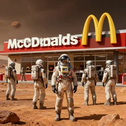 people wearing pressure suits outside of the first mcdonalds restaurant on mars by fantasy artist tiago da silva ( grafik ), highly detailed, cinematic, concept art, digital matte painting