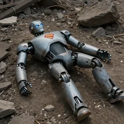 A broken robotic superhero lying atop a field of rubble, movie still, 2016