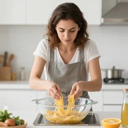 photo of a an israeli woman, with brown hair, washing pasta