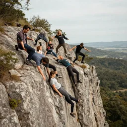 group of people dancing and falling down a cliff