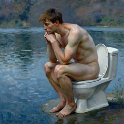 illustration of thinker sitting on toilet in middle of lake, panorama, suspicious, detailed, concept art, cinematic, dramatic, artwork by claude monet