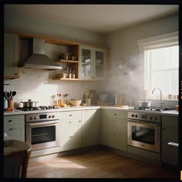 kodak portra 4 0 0 photographic and realistic, 7 0's kitchen, detailed, octane render, unreal engine, 4 k, artstation, hyper realistic, wide angle, 3 5 mm, sharp focus, soft light, volumetric light fog, in the style of gregory crewdson