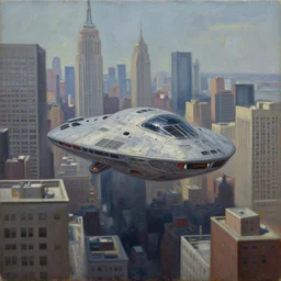 an oil painting of an alien spaceship in the middle of new york; hyper-detailed; an extraordinary masterpiece!!!