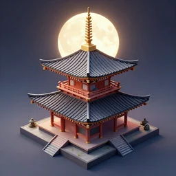 geometric design isometric japanese temple with full blood-moon behind the top, trending on artstation, 3D render, unreal engine 5