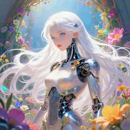 kind cyborg girl with flowers, elegant, scifi, futuristic, utopia, garden, colorful, long white hair, vibrant, dreamy, illustration, atmosphere, top lighting, blue eyes, focused, artstation, highly detailed, art by yuhong ding and chengwei pan and serafleur and ina wong
