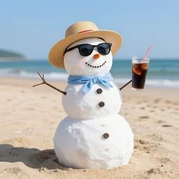 a snowman ( ) wearing straw hat and sunglasses, relaxing on sandy beach drinking cold soda, ( ), on a beautiful sunny day, photorealistic image ultra detailed, high resolution, trending at artstation