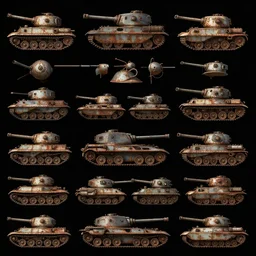 overhead view, from above, digital painted rusted dieselpunk tank game asset sheet, grid arrangement, black background, unity asset store, by greg rutkowski, trending on artstation