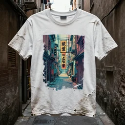 una camiseta disuelta y rota donde salga una foto de a narrow alley with a sign in the middle of it, cyberpunk art by pan tianshou, cgsociety contest winner, shin hanga, unreal engine 5, rendered in unreal engine, world captured through photogrammetry and dissolved with real - time vfx
