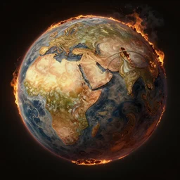 photography of this planet being burned and destroyed by one man, deep focus, intricate, elegant, highly detailed, digital painting, artstation, concept art, matte, sharp focus, illustration, art by artgerm and greg rutkowski and alphonse mucha