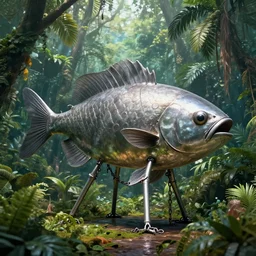 a giant metal fish with legs and chains hanging from it, in the jungle