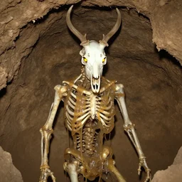 humanoid made of translucent brown sludge full of animal bones, it's head is a deer skull with glowing yellow eyes, found in a cave made of clay, found footage, unsettling, flash photography,