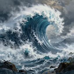 tsunami, matte, painting, trending on artstation, incredible post - processing lighting, extreme detail, wide angle shot, epic scenery, epic scale, centered composition, cinematic composition, use rule of thirds, high details, intricate details