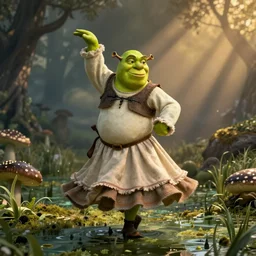 Fiona from Shrek, dancing in a mediaeval dress in a swamp