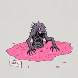 a monster crawling out of a pink pool of sludge labeled data