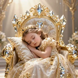 close portrait of mila kunis as a little princess sleeping on her throne, intricate, gold glow, diamond prisms, morning sun - rays, wlop, greg rutkowski, steve argyle, ilya kuvshinov, rossdraw, daniel f. gerhartz,