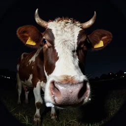 ultra - realistic close - up of creepy cow at night, fish - eye - lense, disturbing horror photo