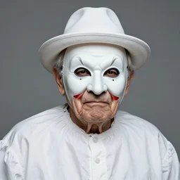 studio portrait of a wrinkled old man wearing a pulcinella mask, angry eyes, white baggy cloathing, white hat, close - up, soft lighting, nikon, photo by xxxxxx, masterpiece