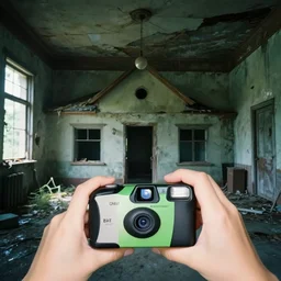 1 9 9 5, a monster inside an old abandoned house, disposable camera, flash, pov, horror vibes,