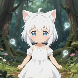 isekai enchanted forest cute tiny anime catgirl with white floating hair, white dress. floating will - o - wisps., symmetrical face. symmetrical detailed defined eyes. beautiful lineart. bokeh pixiv # 1 ranking depth of focus, chromatic aberration, noise, soft lighting, srgb, 4 k, by rembrant, kuvshinov, and ross tran