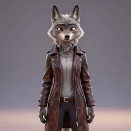 portrait, 3d render , anthropomorphic female wolf , wearing a long leather jacket , in the style of Zootopia