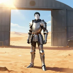sergeant dornan is standing in the desert near a closed hangar, a small ripple in the air from the heat, glare from the sun on metal surfaces, realistic proportions, anime style ghost in armor