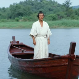 movie still by akira kurosawa of a man in white drapery in a blood barque on a river next to a spherical high - rise, leica sl 2 5 0 mm b & w, heavy grain, high quality, high detail, fog, mud