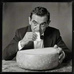 ambrotype of mr bean eating a large wheel of cheese,