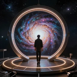 a man walking on halo installation 05 looking at the cosmos, highly detailed, 4k, sharp, intricate, award winning art by noah bradley