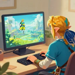 link from zelda using computer, illustration, art by artgerm
