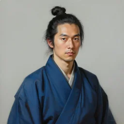 masterpiece painting of a portrait of an asian man with tied up black hair wearing blue and black kimono featured in artstation, concept art by Greg Rutkowski, WLOP, Dan Mumford, Christophe Vacher
