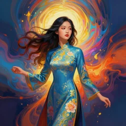 prompt! dream symmetry!! stunning portrait of beautiful vietnamese girl wearing tradition ao dai!! by victo ngai, kilian eng vibrant colours, dynamic lighting, digital art, winning award masterpiece, fantastically beautiful, illustration, aesthetically inspired by beksinski and dan mumford, trending on artstation, art by greg rutkowski, 8 k