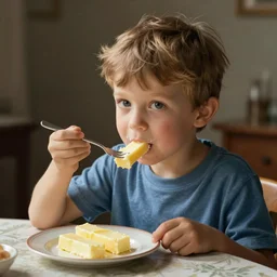 small boy sitting at the table eating a stick of butter on his fork from a plate with butter sticks, illustration. the boy is facing the viewer.