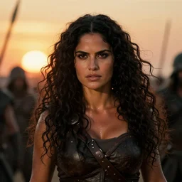epic photo of muscular salma hayek as beautiful barbarian warrior princess with long curly black hair blowing in the wind in a battle scene, sweaty, detailed eyes, neutral expression, shallow depth of field, photorealistic, cinematic lighting, lovely bokeh, low contrast, underexposed, warm colours, sunset south, movie quality, match color and tone of conan the destroyer 1 9 8 5, movie still