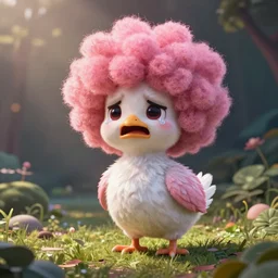 a dodo with pink afro hair crying because he's scared, digital art
