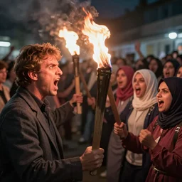 2 4 mm photograph of angry geert wilders and torch - wielding mob, shouting, crazy eyes, on left side facing a group of hijab wearing women on right side, atmospheric lighting, by joel meyerowitz, by saul leiter