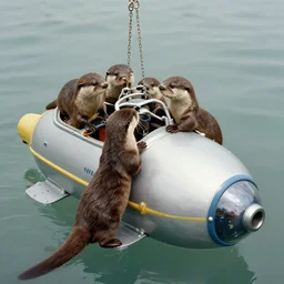 a team of otters repairing a bathysphere, vintage photograph