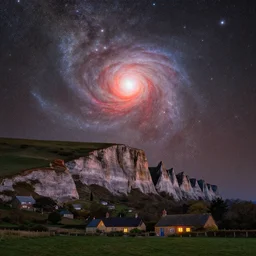 a deep field astrophotography astronomy photo of the pleiades cluster, messier 4 5, mutsuraboshi, double exposure with a nighttime landscape photo of the seven sisters cliff faces in cuckmere haven, famous composition with cottage, lpoty, award winning, beautiful, astronomy photo of the year, red, orange, blue