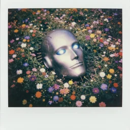 a giant male robot head resting in a field of multicolored iridescent flowers, polaroid, 1 9 8 0 s, motion blur, bioluminescent, grainy, expired film, aerial view