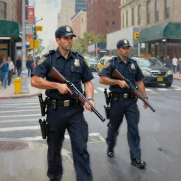highly detailed painting of metrocops patrolling city - 1 7, shotgun in hand, streets of nyc, by william turner, by greg rutkowski, by william constable, thick brush strokes and visible paint layers, 4 k resolution