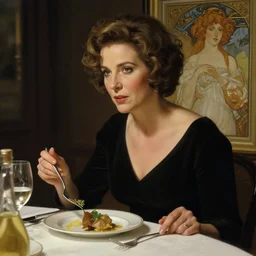 liz taylor eating dinner, character sheet, character design, contrast, deep focus, turnaround, highly detailed, dramatic lighting, digital painting, artstation, concept art, matte, sharp focus, illustration, elegant, art by artgerm and greg f and alphonse mucha.
