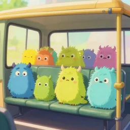 cute little monsters sitting in a bus, fantasy, concept art, artstation, disney, pixar, dreamworks, anime, tyler edlin, feng zhu, darek zabocki, thomas karpi