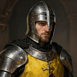 Closeup of frustrated male medieval sergeant with a {short} beard and a steel helm wearing a black!!!! and yellow tabard over a steel breastplate and a black gambeson no no no no no helm, intricate, dramatic lighting, illustration by Greg Rutkowski, ArtStation, digital art, fantasy