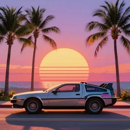miami beach sunset vapor wave palm trees 80s synth retrowave delorean decal car wide shot epic post apocalyptic landscape miami nuke fire craters end of the world