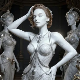 portrait photograph of an absurdly beautiful, graceful, sophisticated, fashionable woman, natalie portman, facial tattoos, in the style of popovy sisters, intricate linework, white porcelain skin, faberge, intricate chrome chains, dark atmosphere, unreal engine 5 highly rendered, global illumination, radiant light, detailed and intricate environment